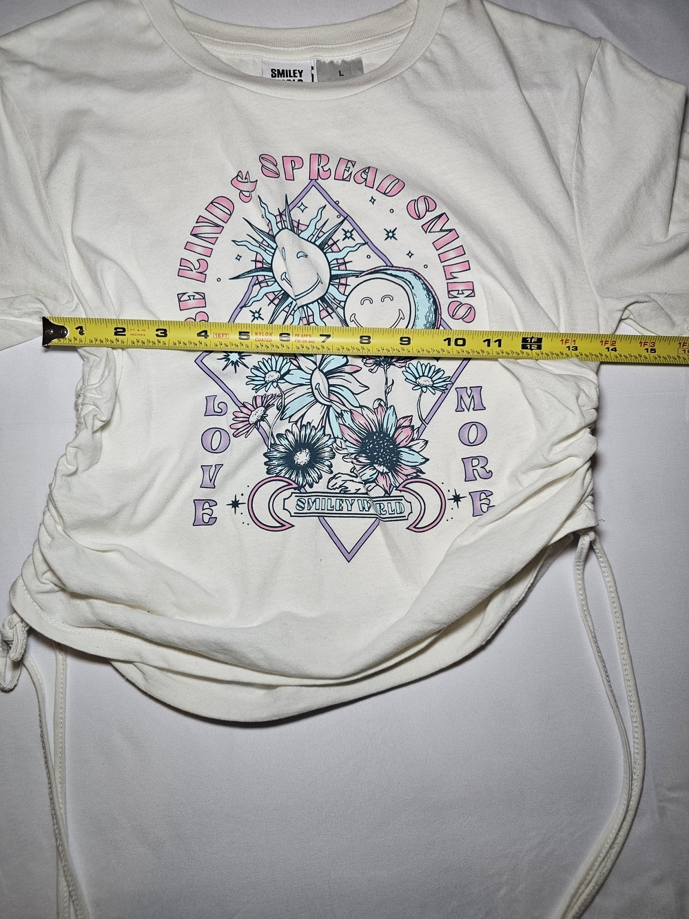 Smiley World Ruched Baby Tee Kids Large Pastel Graphic Crop Top Y2K Fairycore - Picture 2 of 5
